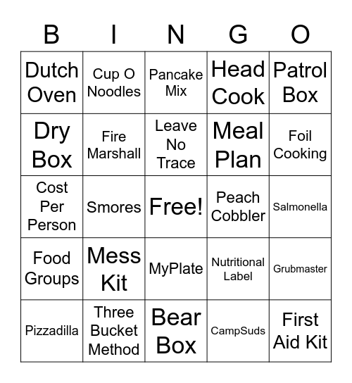 Troop Cooking Bingo - 127 Bingo Card