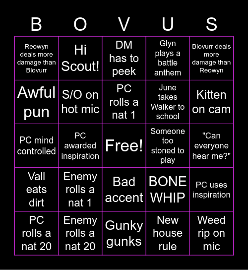 Bovus Time! Bingo Card