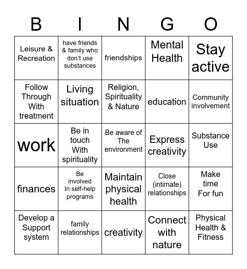 RECOVERY STRATEGIES Bingo Card