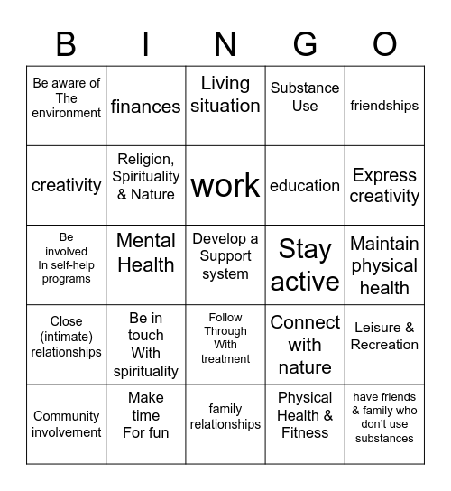 RECOVERY STRATEGIES Bingo Card