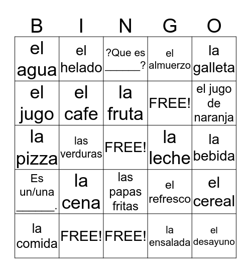 La Comida Bingo Card