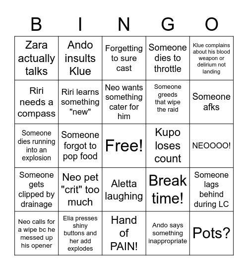 Limit Cut or Quit Bingo Card