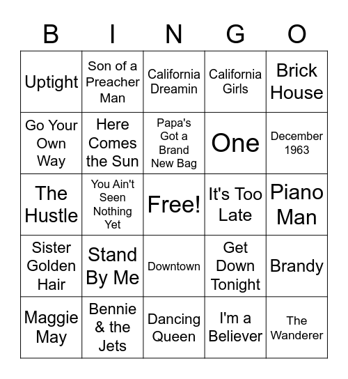 60's & 70's Bingo Card