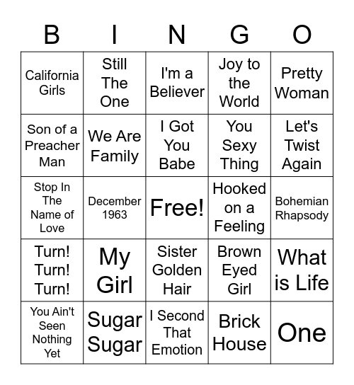 60's & 70's Bingo Card