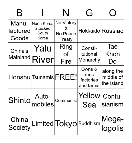 7th Japan & N/S Korea # 1 Bingo Card