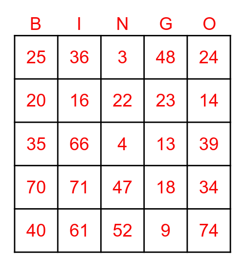 1-75 Bingo Card