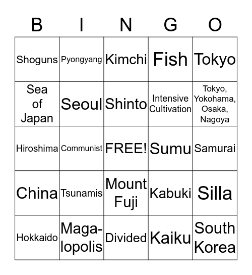 7th SS:  Japan & N/S Korea  #2 Bingo Card