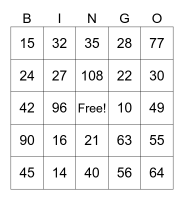 Multiplication BINGO Card