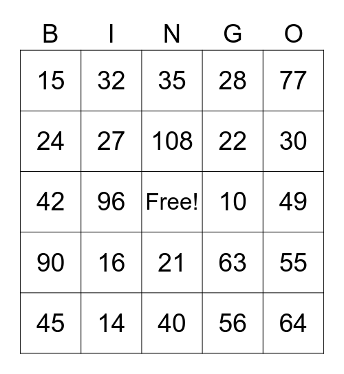 Multiplication BINGO Card