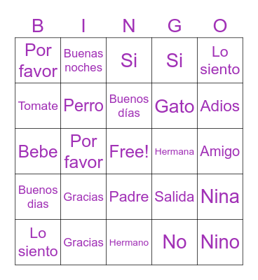 Spanish Bingo! Bingo Card