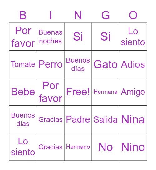 Spanish Bingo! Bingo Card