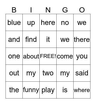 High Frequency Word Bingo Card