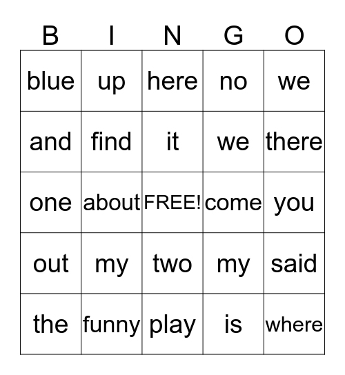 High Frequency Word Bingo Card