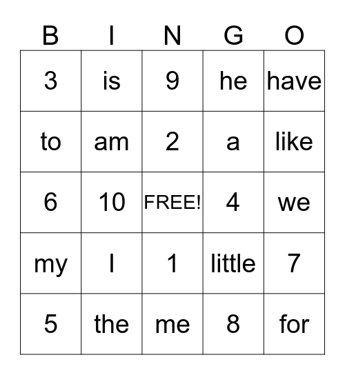 Sight Word Bingo #1 Bingo Card