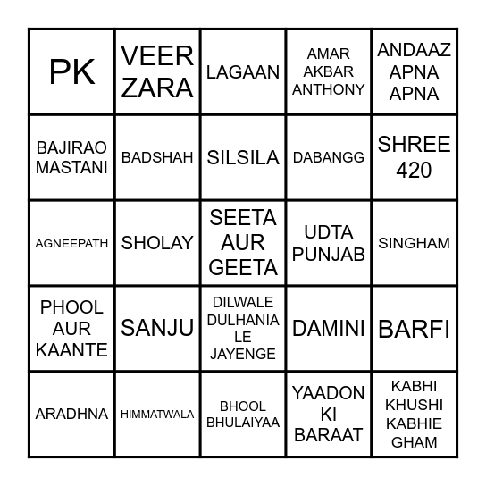 Bollywood Housie Bingo Card