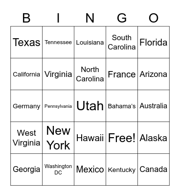 Places you have a visited Bingo Card