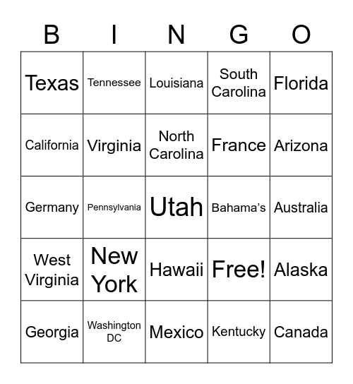 Places you have a visited Bingo Card