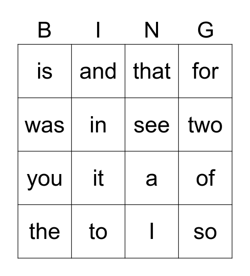 Sight Word Bingo Card