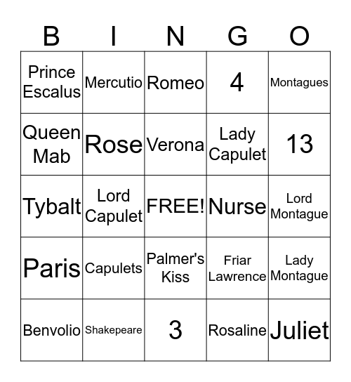 Romeo and Juliet Bingo Card