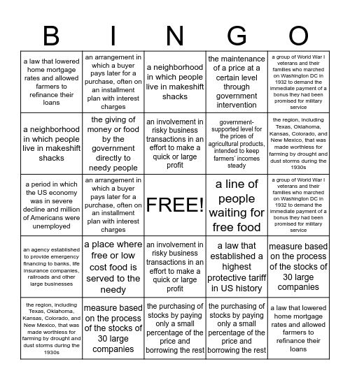Depression Vocabulary  Bingo Card