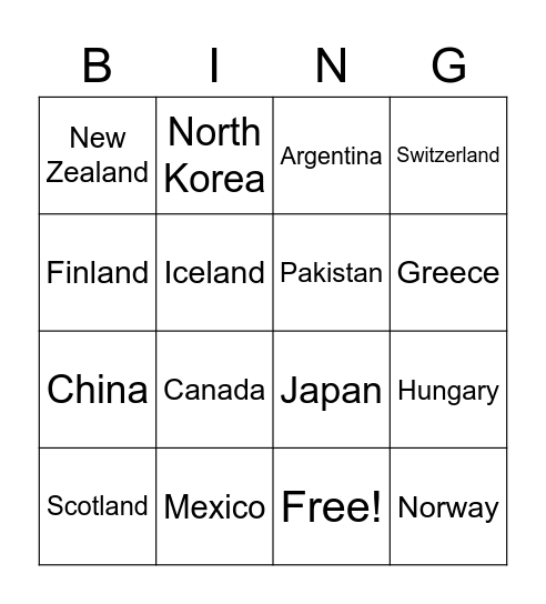 Country Bingo Card