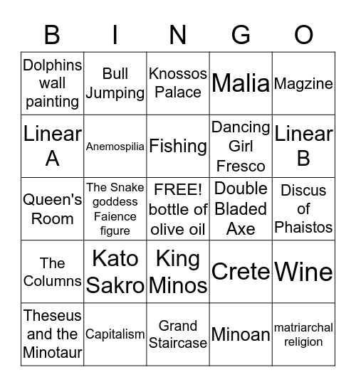 Minoan Bingo 1  Bingo Card