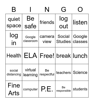 Back to School Bingo Card