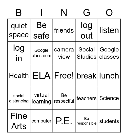 Back to School Bingo Card