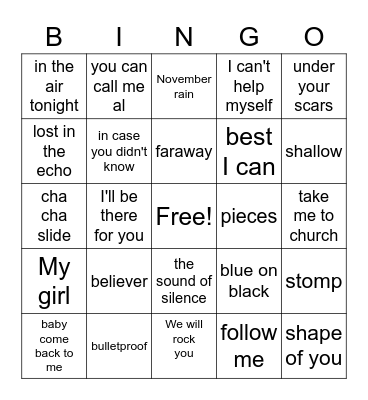 music bingo Card