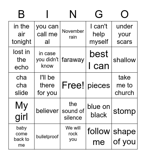 music bingo Card
