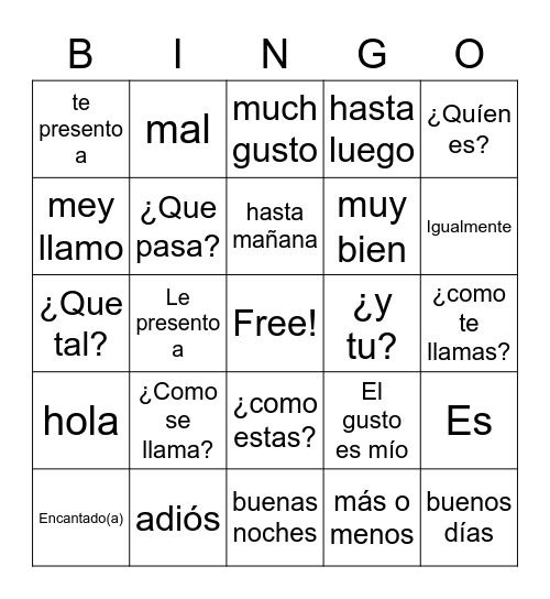 Spanish Greetings/Introductions Bingo Card