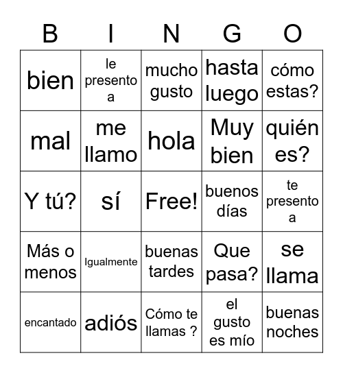 Spanish Bingo Card