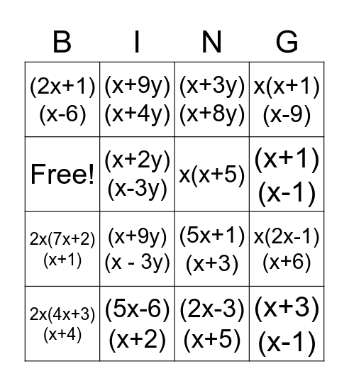 Factoring 1 Bingo Card