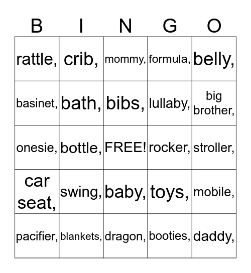 *** ~ Torpey Baby Shower Bingo ~ *** Bingo Card