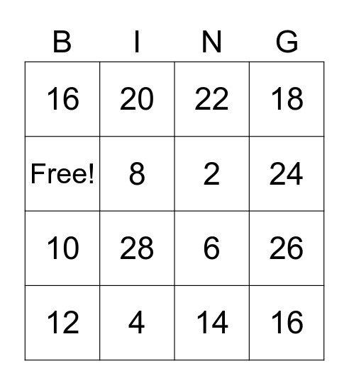 Doubles Facts Bingo Card