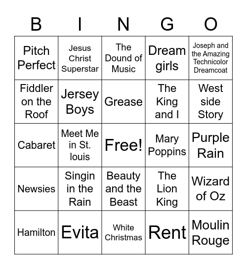 Musicals Bingo Card