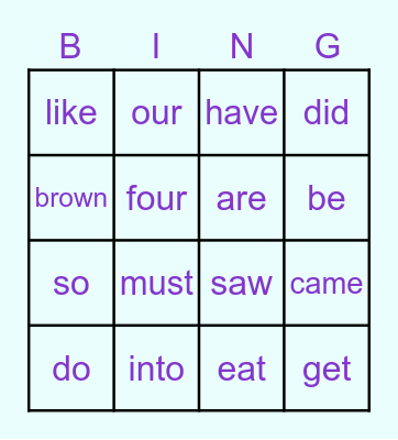 Sight Words Bingo Card