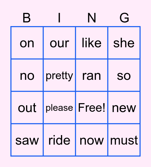 Sight Words Bingo Card