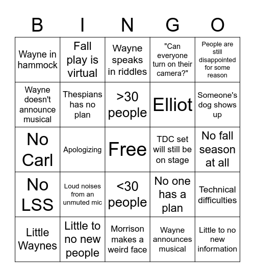 theatre meeting 2020 Bingo Card