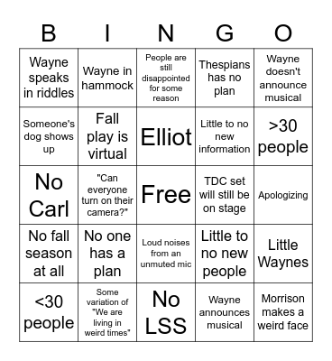 theatre meeting 2020 Bingo Card