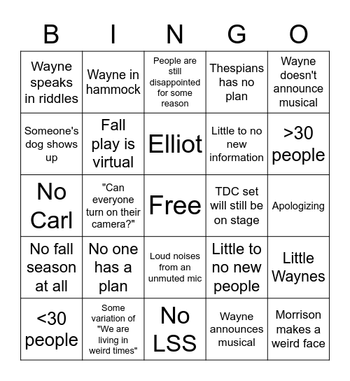 theatre meeting 2020 Bingo Card