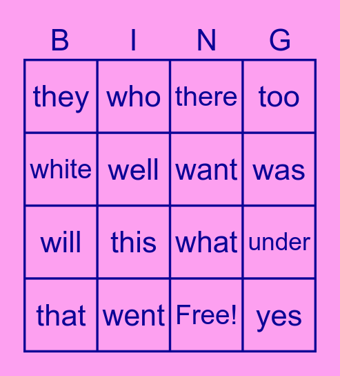 Sight Words Bingo Card