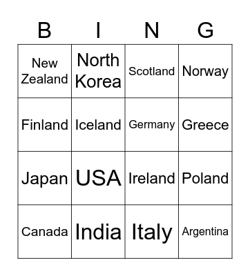 Country Bingo Card