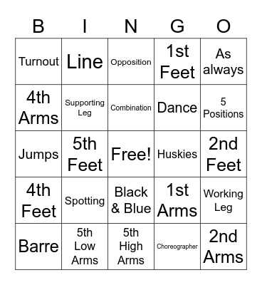 Dance 1 List 1 Vocabulary Bingo Card