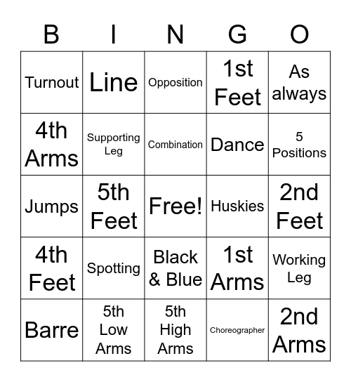 Dance 1 List 1 Vocabulary Bingo Card