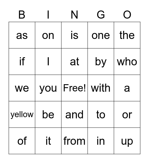 Sight Word Bingo Card