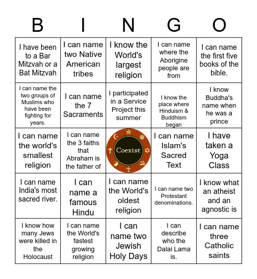 World Religions Bingo Card