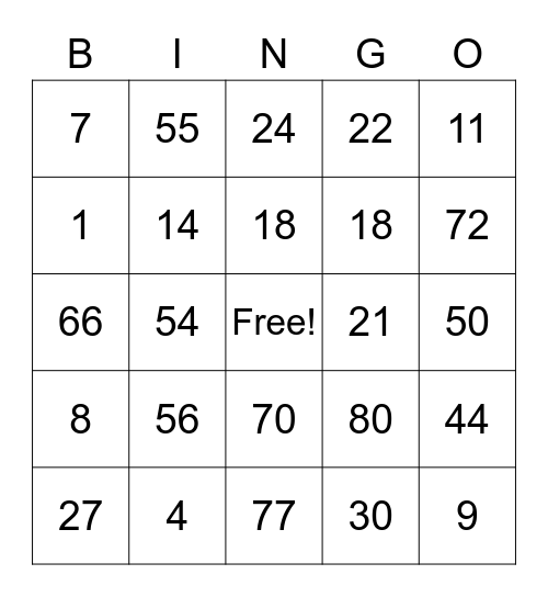 Multiplication B I N G O Bingo Card