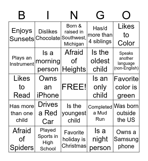 PACE Program Bingo Card