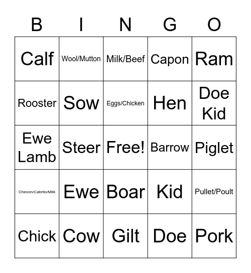 Livestock Terminology Bingo Card
